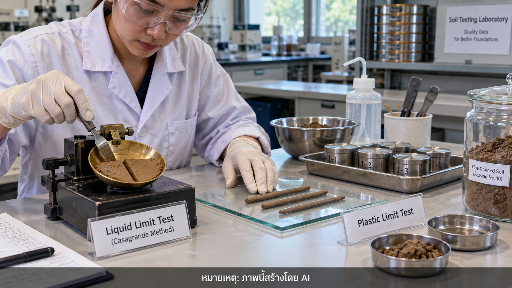 การทดสอบ Atterberg Limits ในห้องปฏิบัติการเพื่อหาค่า Liquid Limit และ Plastic Limit ของดิน