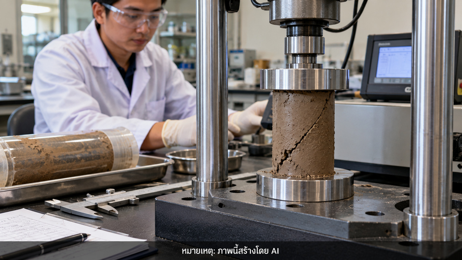 ตัวอย่างดินเหนียวทรงกระบอกในเครื่องทดสอบ Unconfined Compression Test เพื่อศึกษาค่า qu และ su